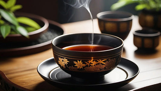 a steamy bowl of dark colour Chinese herbal tea in a black elegant ceramic bowl 