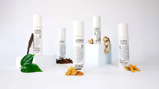 Elegant white LUWIN skincare bottles arranged with Chinese herbs -Rehmannia chinensis root, Angelica sinensis root, Houttuynia cordata, and Chrysanthellum