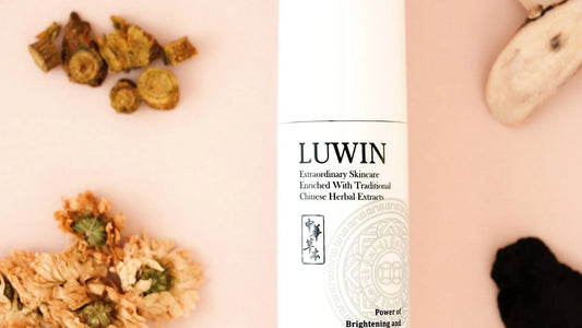 LUWIN skincare bottle with Chinese herbs next to it including Chrysanthemum, Scutellaria Caicalensis root, Paeonia Albiflora Root