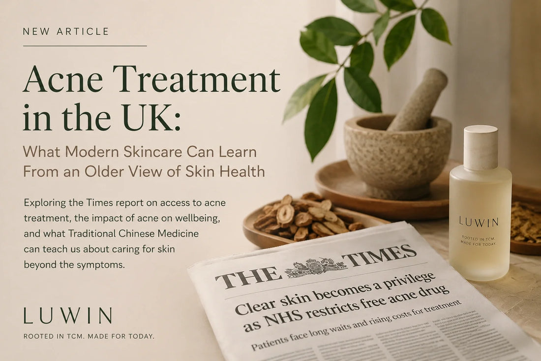 Editorial graphic about acne treatment in the UK, featuring Traditional Chinese Medicine inspired skincare imagery, LUWIN skincare and a Times newspaper discussing access to NHS acne treatment.