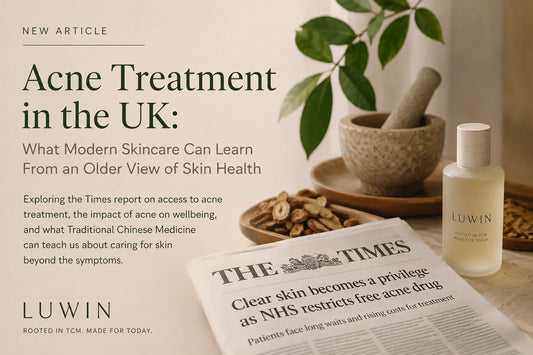 Editorial graphic about acne treatment in the UK, featuring Traditional Chinese Medicine inspired skincare imagery, LUWIN skincare and a Times newspaper discussing access to NHS acne treatment.