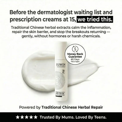 A white tube of LUWIN facial cream stands in front of a smear of thick white cream on a white background. Text above describes traditional Chinese herbal extracts and skin repair benefits, with a money-back guarantee badge and a black banner at the bottom reading 'Trusted By Mums.