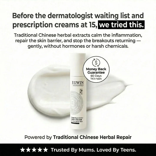 A white tube of LUWIN facial cream stands in front of a smear of thick white cream on a white background. Text above describes traditional Chinese herbal extracts and skin repair benefits, with a money-back guarantee badge and a black banner at the bottom reading 'Trusted By Mums.