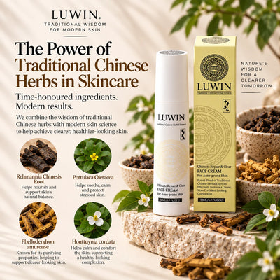 A Luwin skincare ad showing a white Luwin Ultimate Rescue & Clear Face Cream tube next to its gold and yellow box, surrounded by botanical elements, Chinese herbs, and text detailing the natural herbal ingredients.