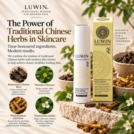A Luwin skincare ad showing a white Luwin Ultimate Rescue & Clear Face Cream tube next to its gold and yellow box, surrounded by botanical elements, Chinese herbs, and text detailing the natural herbal ingredients.