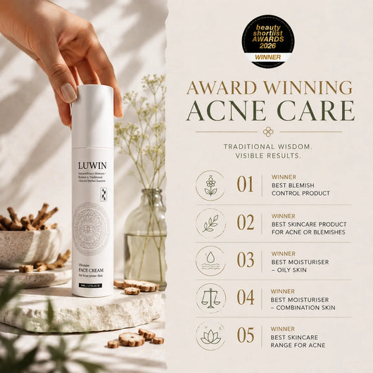 A hand holds a white bottle of Luwin Face Cream for acne prone skin on a styled stone surface with dried Chinese herbs. The right side features award text reading 'Award Winning Acne Care' and a list of five beauty shortlist winners.