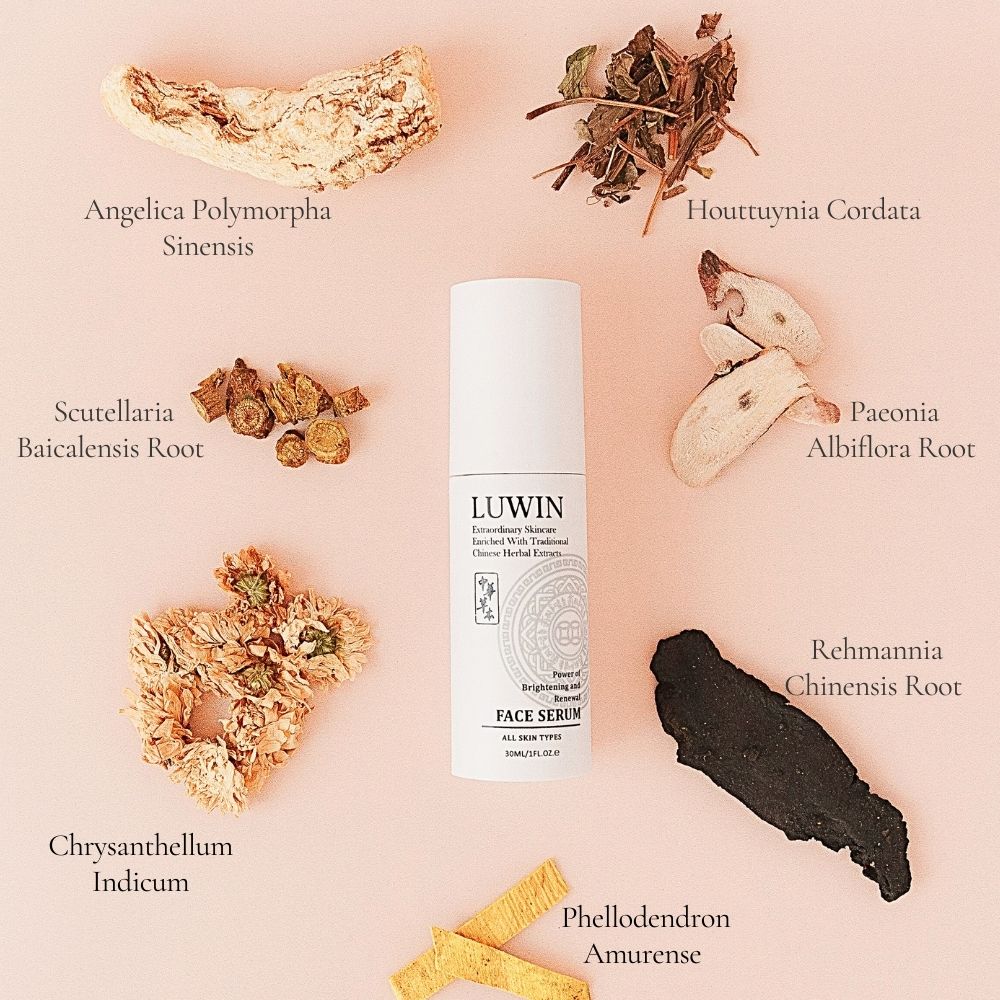 LUWIN face serum white  bottle surrounded by Angelica polymorpha, Houttuynia cordata, Rehmannia Chinesis, Phellodendron herbs