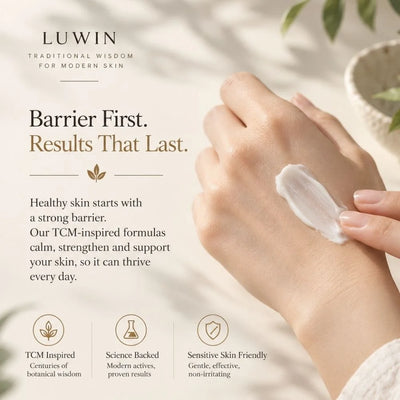 A close-up of a hand applying white cream to another hand, with Luwin branding and product benefits text on a soft beige background with decorative leaves.