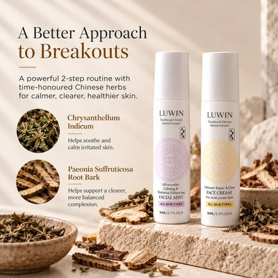 Two white Luwin Traditional Chinese Herbal skincare product bottles, Facial Mist and Facial Cream, displayed on a stone slab with dried herbs. The image includes marketing text on the left detailing the ingredients Chrysanthemum Indicum and Paeonia Sulfuricosa Root Bark.
