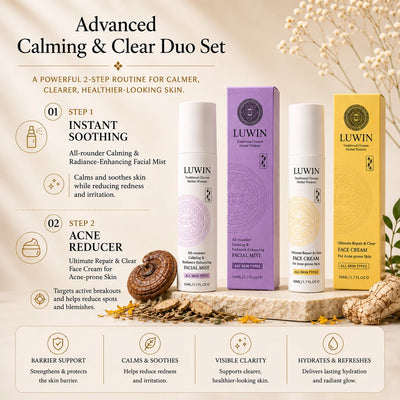 A graphic for the Luwin Advanced Calming & Clear Duo Set, showing two skincare products (facial mist and face cream) in white, purple, and yellow packaging arranged on a decorative wooden tray with some Chinese herbs around, set against a warm beige background with botanical illustrations.