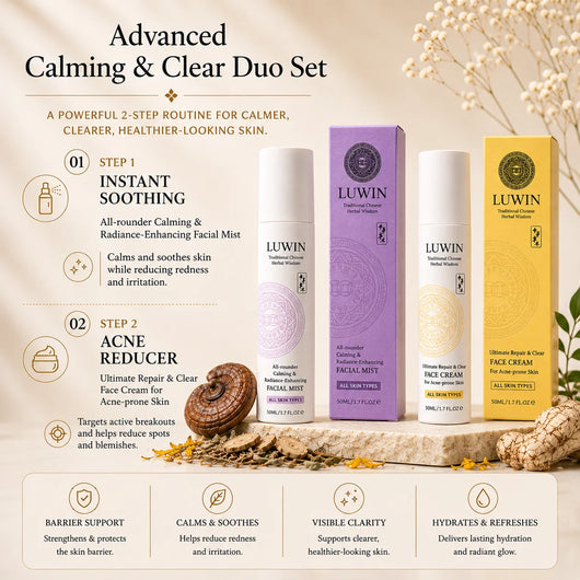 A graphic for the Luwin Advanced Calming & Clear Duo Set, showing two skincare products (facial mist and face cream) in white, purple, and yellow packaging arranged on a decorative wooden tray with some Chinese herbs around, set against a warm beige background with botanical illustrations.