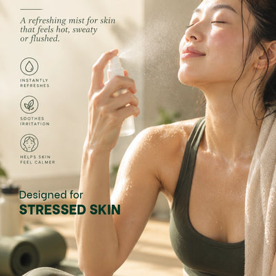 A woman in a dark green sports bra sprays a mist from a white spray bottle, with text on the left describing benefits of LUWIN award winning - best face mist for stressed skin.