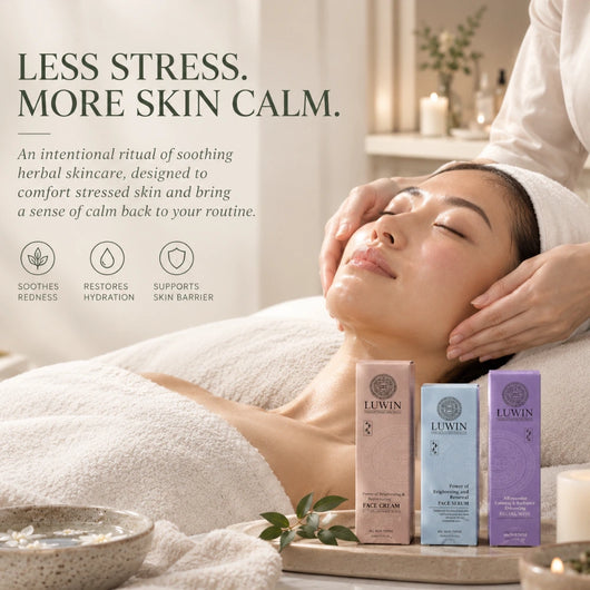 A woman relaxes during a facial beside three Luwin skincare products, with text promoting soothing herbal skincare for calm, hydrated skin.