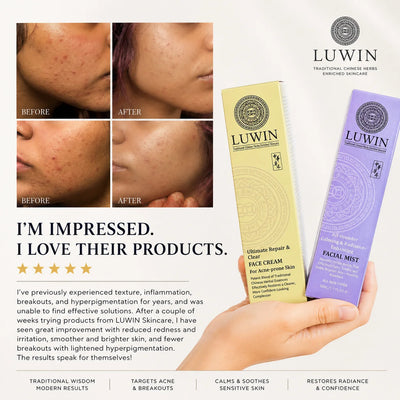 A hand holds two LUWIN skincare tubes, one pale yellow and one lavender, against a white promotional background with before/after skin close-ups and marketing text.
