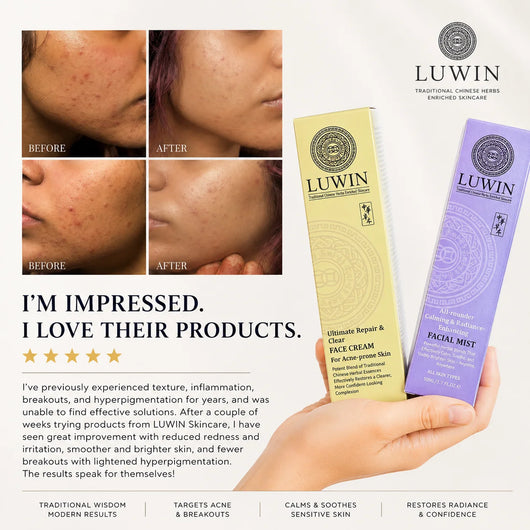 A hand holds two LUWIN skincare tubes, one pale yellow and one lavender, against a white promotional background with before/after skin close-ups and marketing text.