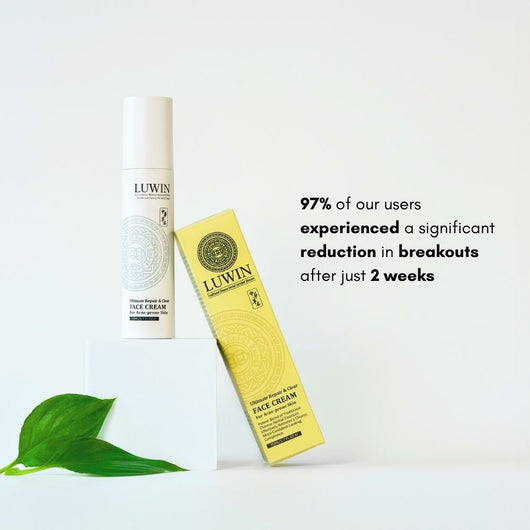 A white cylindrical bottle and a yellow rectangular box of LUWIN Face Cream are displayed on a clean white background, with a green leaf in the lower left corner and promotional text on the right that says 97% of users experienced a significant reduction in breakouts after just 2 weeks. 