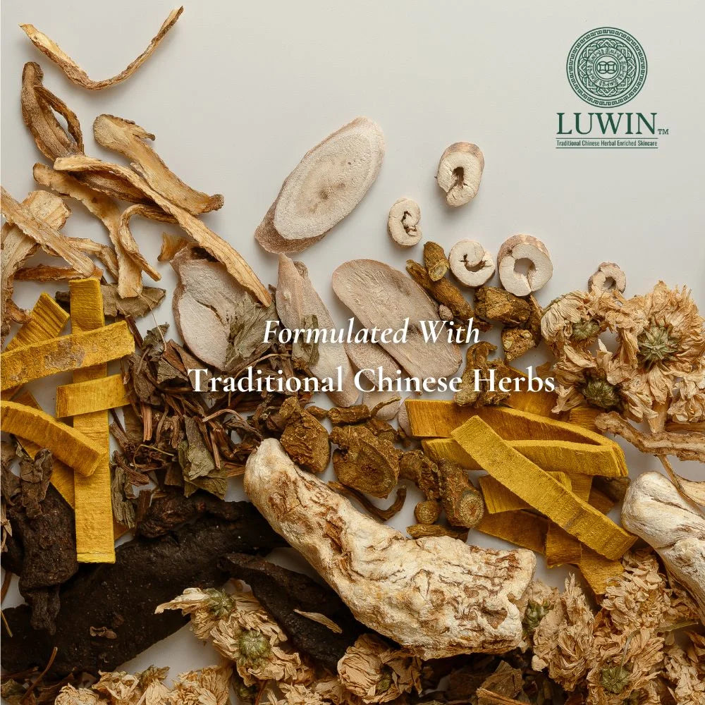 LUWIN face serum white  bottle surrounded by Angelica polymorpha, Houttuynia cordata, Rehmannia Chinesis, Phellodendron herbs