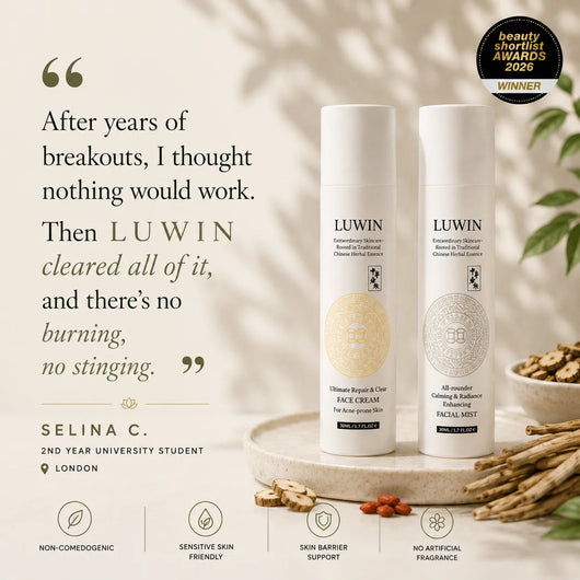 Two white cylindrical cosmetic bottles from the brand LUWIN are displayed on a light beige stone tray, surrounded by botanical elements like dried Chinese herbs. The background is a soft beige with leaf shadows, and the left side features a testimonial quote by Selina C. - a second year university student. 