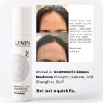 Before and after images of a teenage girl’s face showing significant improvement in acne after using LUWIN Ultiate repair & clear face cream for acne-pronce skin. text says rooted in traditional chinese medicine to repaire, restore and strengthen skin, not just a quick fix. companied by a testimonial saying 'Very happy with the cream as the redness has gone. I definitely think her skin has been a lot clearer and less angry since she’s been using the cream!'