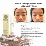 Before and after images of a teenage girl’s face showing significant improvement in acne after using LUWIN Ultimate Repair & Clear Face Cream for one week, accompanied by product packaging and dried herbal ingredients.
