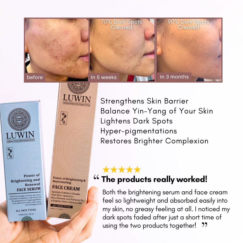 BFCM 2025 (5) Before and after images demonstrating significant reduction in dark spots over 5 weeks and 3 months using LUWINās Brightening Duo (face serum and face cream). Images show improved skin tone, reduced hyperpigmentation, and restored brightness.