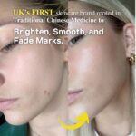 Side-by-side before and after close-up of a woman’s cheek showing visible skin improvement. Left side shows minor breakouts and redness; right side shows smoother, clearer, and brighter skin. Text reads: 'UK’s FIRST skincare brand rooted in Traditional Chinese Medicine to Brighten, Smooth, and Fade Marks.