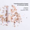 LUWIN Power of brightening and rejuvenating face cream white bottle surrounded by chinese herbs. Text overlay of Transformative power of Chinese herbs for brighter, stronger and healthier skin.