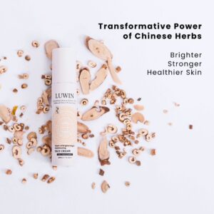 LUWIN Power of brightening and rejuvenating face cream white bottle surrounded by chinese herbs. Text overlay of Transformative power of Chinese herbs for brighter, stronger and healthier skin.