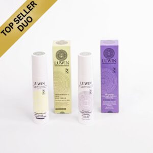 LUWIN Advanced calming and clear duo set with white bottles next to their colourful box package.