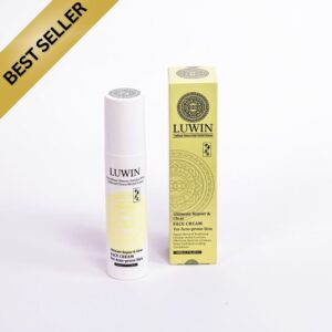 LUWIN Ultimate Repair and clear face cream for acne-prone skin bottle and yellow box package with 'best seller' in the top left corner.