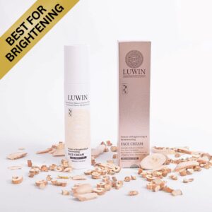 Best for brightening in top left corner of an image with LUWIN Power of brightening and rejuvenating face cream white bottle and silky light brown box next to each other surrounded by chinese herbs.