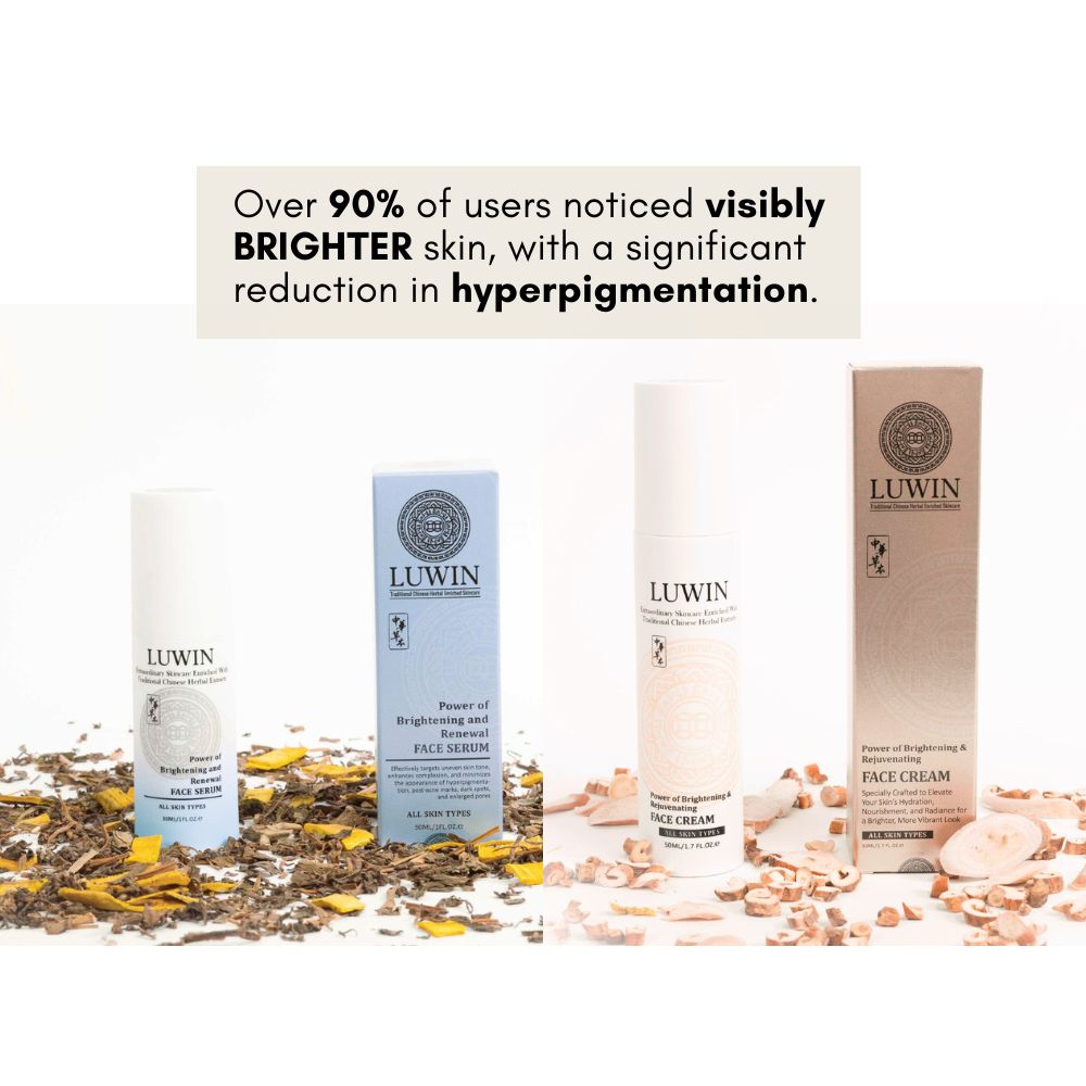 Photo slides (13) LUWIN Powerful Brightening & Rejuvenating Duo Set surrounded by Chinese dried herbs, text says: Over 90% of users noticed visibly BRIGHTER skin, with a significant reduction in hyperpigmentation.