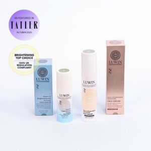 LUWIN Powerful Brightening & Rejuvenating Duo Set with their packaging, with Featured in Tatler Autumn 2025 and Brightening Top Choice badges.