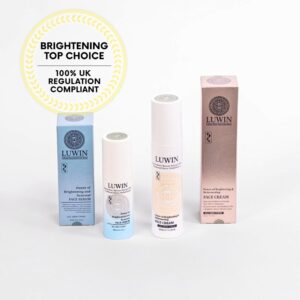 A lineup of LUWIN skincare products, including Power of Brightening & Renewal Face Serum and Face Cream, top left corner says Brightening hero - 100% UK regulation compliant
