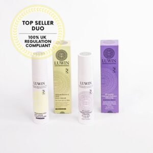 LUWIN All-rounder Facial Mist and Ultimate Repair & Clear Face Cream standing in array, showing elegant white bottles and colourful box packaging. Top left corner says Top Seller Duo - 100% UK cosmetic regulation compliant.
