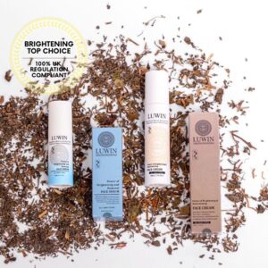 A lineup of LUWIN skincare products, including Power of Brightening & Renewal Face Serum and Face Cream, surrounded by TCM herbs like phellodendron amurense, portulaca oleracea, angelica sinensis, and rehmannia roots, highlighting their TCM-inspired formulations. says Brightening hero - 100% UK regulation compliant