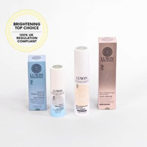 A lineup of LUWIN skincare products, including Power of Brightening & Renewal Face Serum and Face Cream, surrounded by TCM herbs like phellodendron amurense, portulaca oleracea, angelica sinensis, and rehmannia roots, highlighting their TCM-inspired formulations. says Brightening hero - 100% UK regulation compliant.
