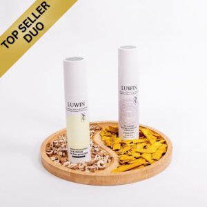 LUWIN All-rounder Facial Mist and Ultimate Repair & Clear Face Cream on a Yin-Yang bamboo tray, image has 'top seller duo' in the top left corner.
