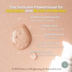 A detailed infographic for LUWIN Power of Brightening & Renewal Serum. A close-up of the serum's texture is showcased on a warm beige background. Key benefits are highlighted with labeled callouts: 'Hydrates & Replenishes' for maintaining skin's moisture levels, 'Strengthens' the skin’s natural barrier, 'Helps Neutralize' free radicals, 'Soothes & Calms' irritated or sensitive skin, and 'Protects Against' environmental stressors.