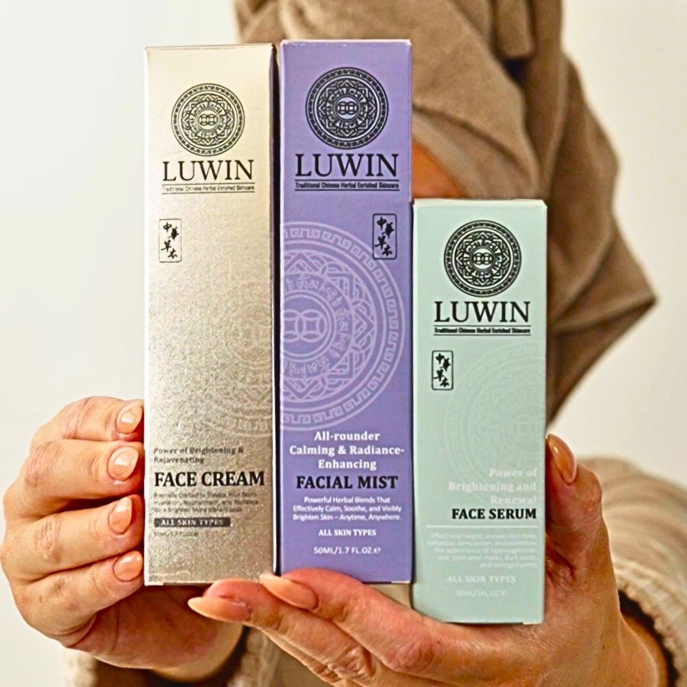 profile set 3 a woman holding up LUWIN Ultimate Brightening & Rejuvenating Complete Set, All-rounder Calming & Radiance-Enhancing Facial Mist 50ML Power of Brightening & Renewal Serum 30ML Power of Brightening & Rejuvenating Face Cream 50ML