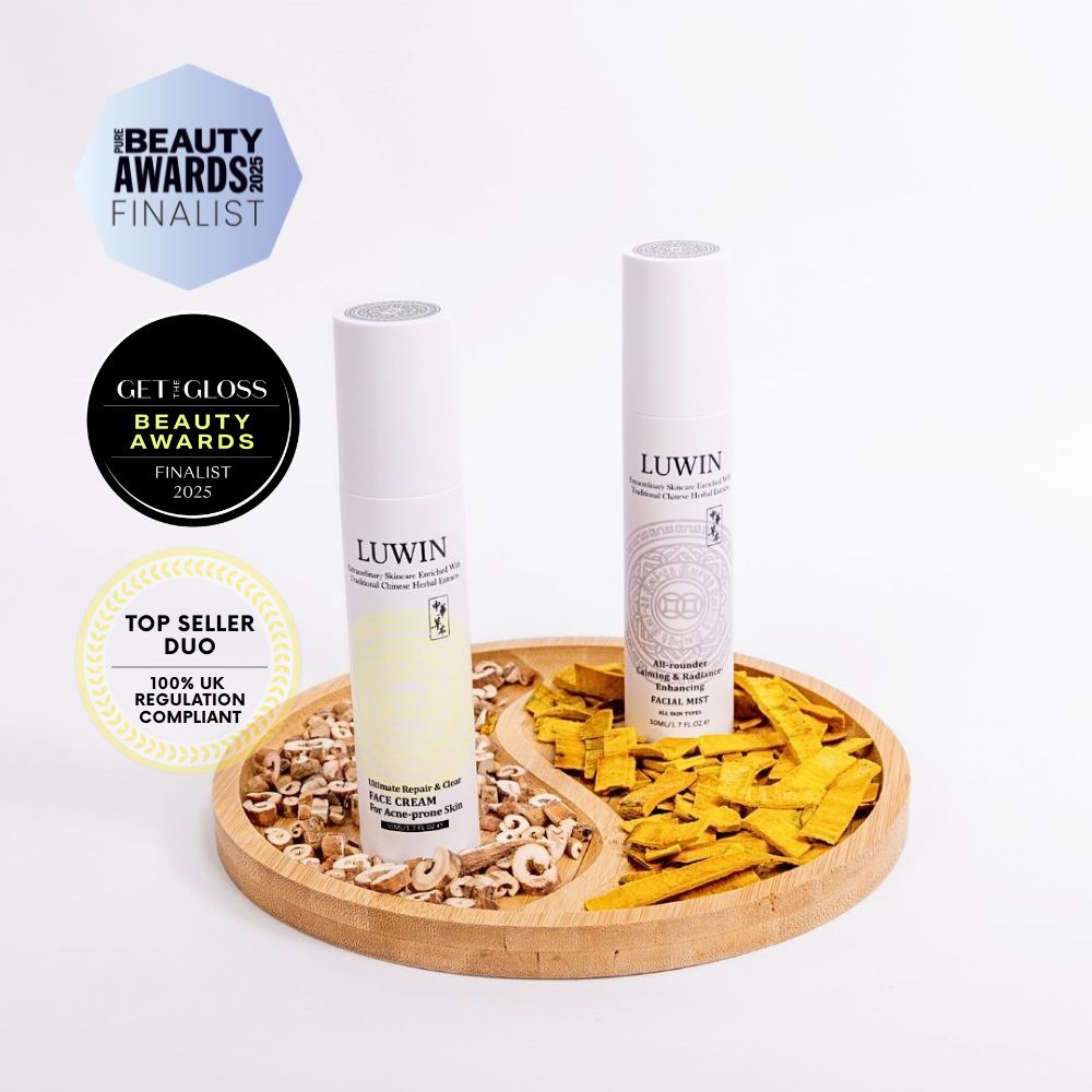 LUWIN Ultimate Calming & Repair Duo Set for Acne-Prone Skin surrounded by dried Chinese herbs, with Pure Beauty Awards 2025, Get The Gloss 2025 badges, and Best Trusted Seller badge.
