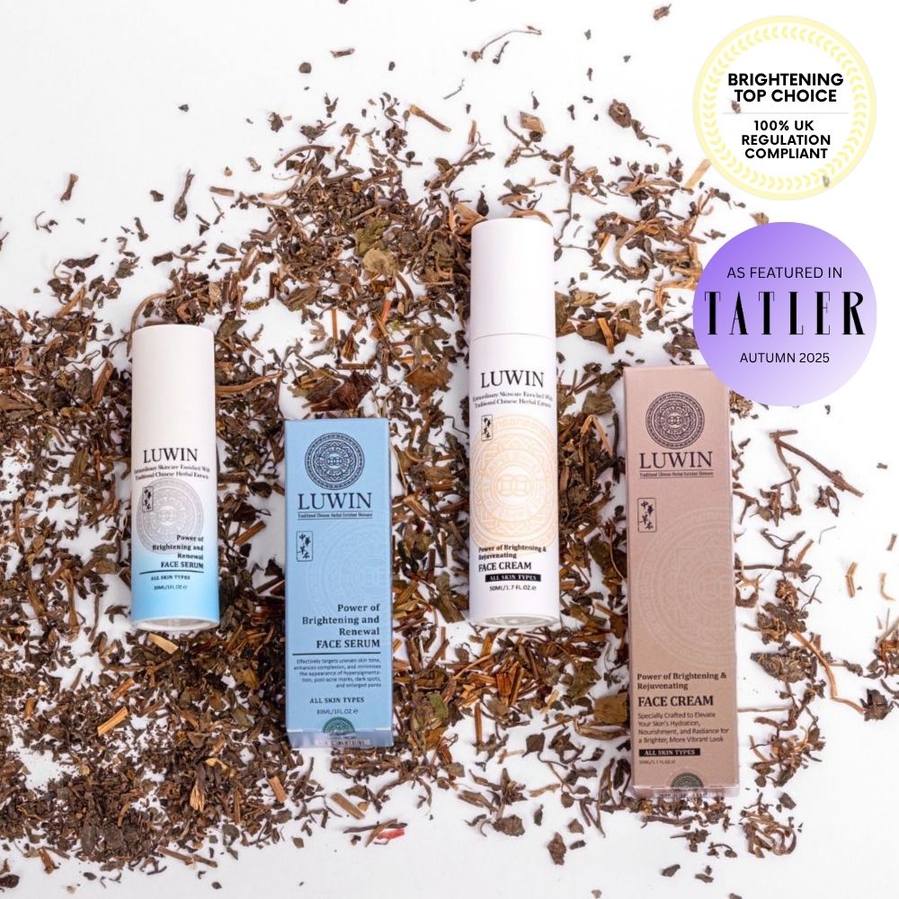 LUWIN Powerful Brightening & Rejuvenating Duo Set surrounded by dried Chinese herbs, with Featured in Tatler Autumn 2025 and Brightening Top Choice badges.