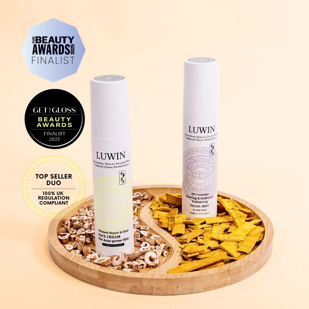 LUWIN Ultimate Calming & Repair Duo set for acne-prone skin, Pure beauty awards finalist, Get the gloss award 2025 finalist and trusted best-seller herbal skincare with visible results.