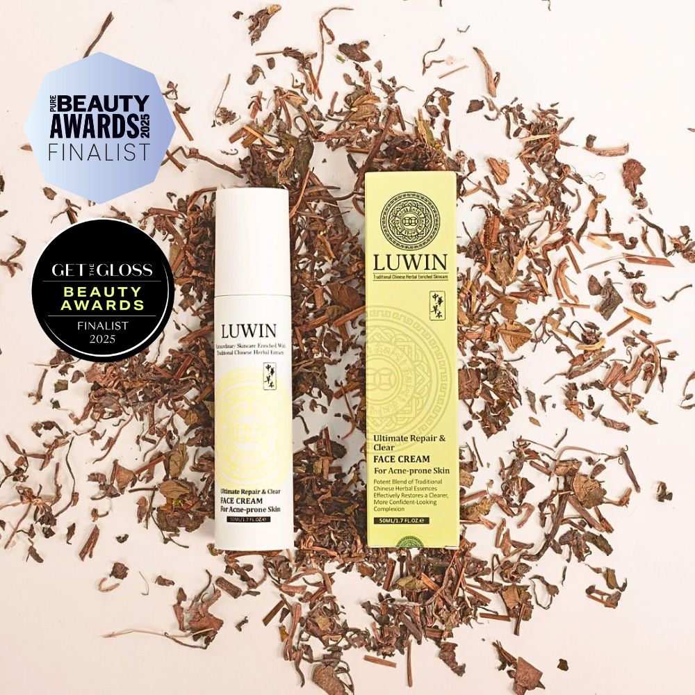 LUWIN Ultimate Repair & Clear Face Cream for Acne-Prone Skin with dried Chinese herbs including Phellodendron Amurense and Rehmannia Chinensis, alongside Pure Beauty Awards 2025 and Get The Gloss 2025 badges.